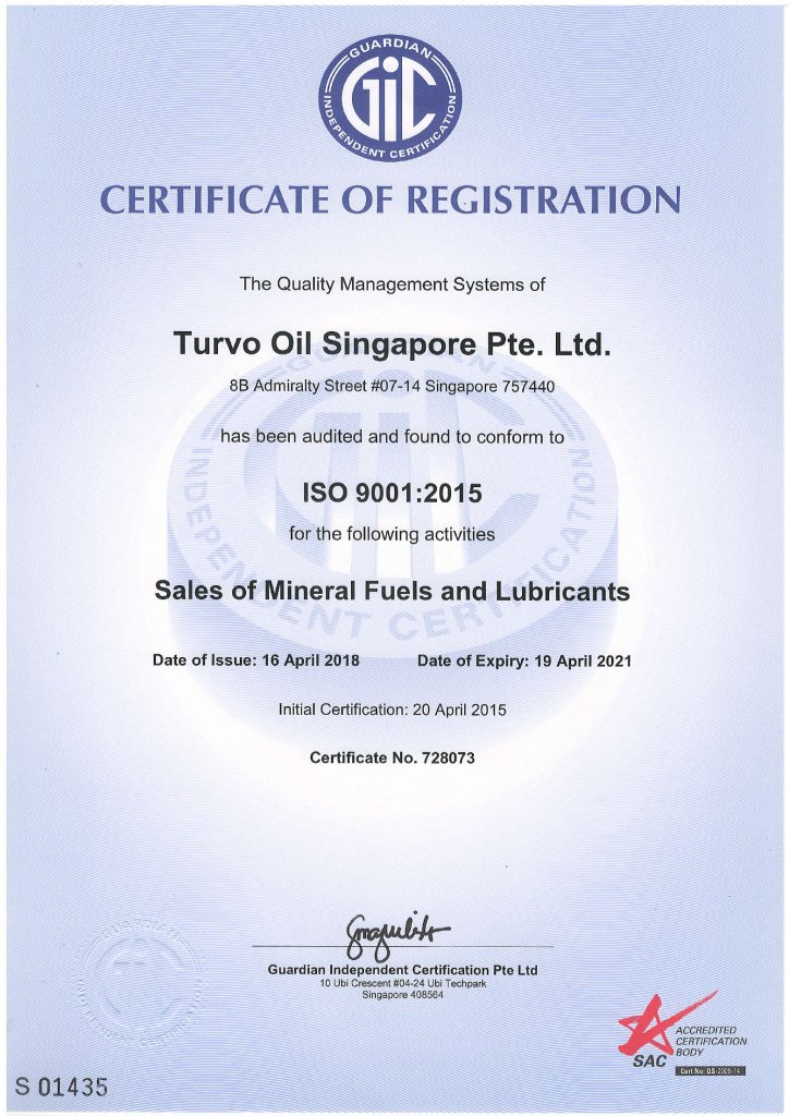 Turvo Oil Singapore ISO9001 for supplying mineral fuel and lubricants